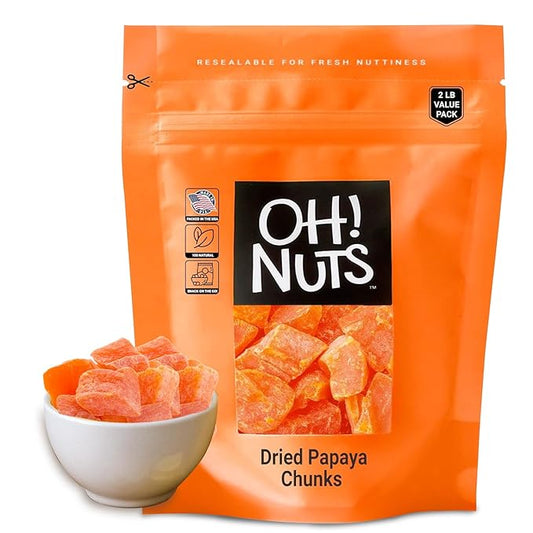 Oh! Nuts Dried Papaya Chunks - 2 lb - Dried Fruit Chunks - Less Sugar Added - Dehydrated Fruit Bites - Packed in New York Zip-Seal Bag for Exceptional Freshness