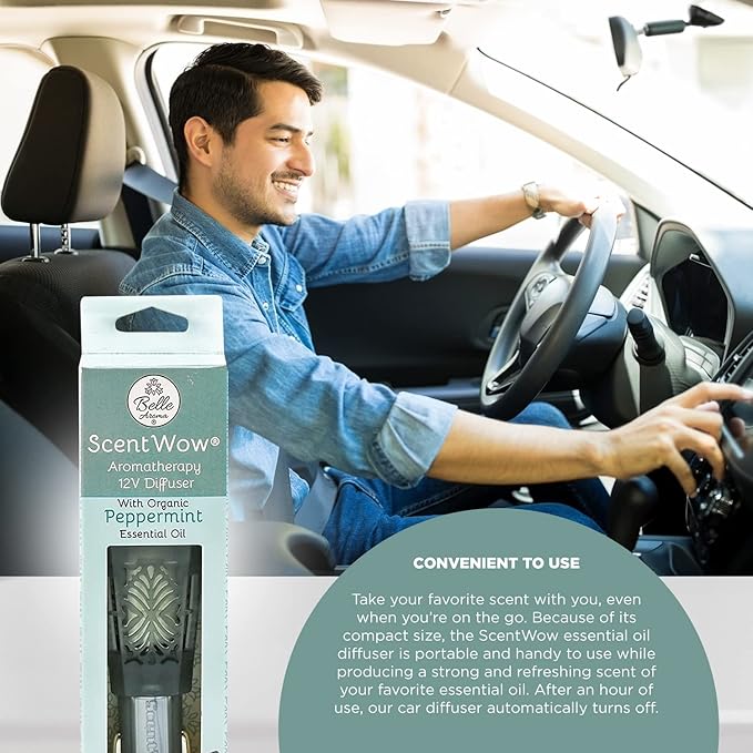 Belle Aroma ScentWow Aromatherapy - Peppermint Oil Car Diffuser for Essential Oils – Portable 12V Plug-In Mini Diffuser – Compact Travel Humidifier for Cars, Trucks & Small Spaces – Gray & Silver