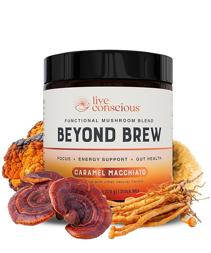 Beyond Brew Caramel Macchiato Coffee Alternative - Low Caffeine Superfood - Powerful Mushroom Complex with Lion’s Mane, Reishi & Chaga - Brewed Drink with Prebiotics & Probiotics - 30 Servings
