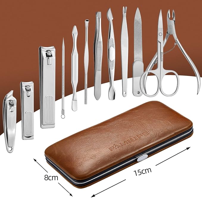 FAMILIFE Manicure Set, Professional Nail Kit Nail Clipper Set, 12PCS Stainless Steel Manicure Kit, with Brown Leather Travel Case Luxury Gifts for Him