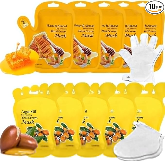 Elitzia Foot Mask Hand Mask Hydrating Honey Almond Gloves Argan Oil 10 Packs Multipack Socks Masks Moisturizing Repairing Nourishing Masks Spa Skin Care Women for Dry Rough Skin ETOHAF