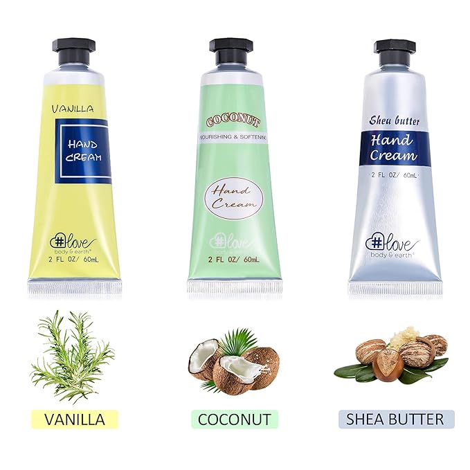 BODY & EARTH # LOVE Hand Cream Gift Set, Mothers Day Gifts for Mom Gifts, Natural Hand Cream with Vitamin E and Argan Oil for Dry Hands, 3x2.0 oz Travel Size Hand Lotion, Birthday Gifts for Women