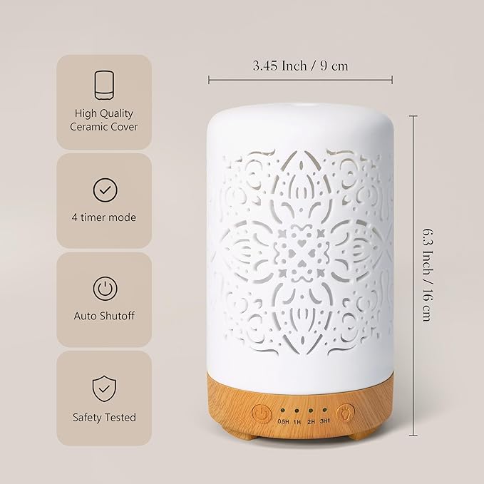 Earnest Living Essential Oil Diffuser White Ceramic Diffuser 100 ml Timers Night Lights and Auto Off Function Home Office Humidifier Aromatherapy Diffusers for Essential Oils