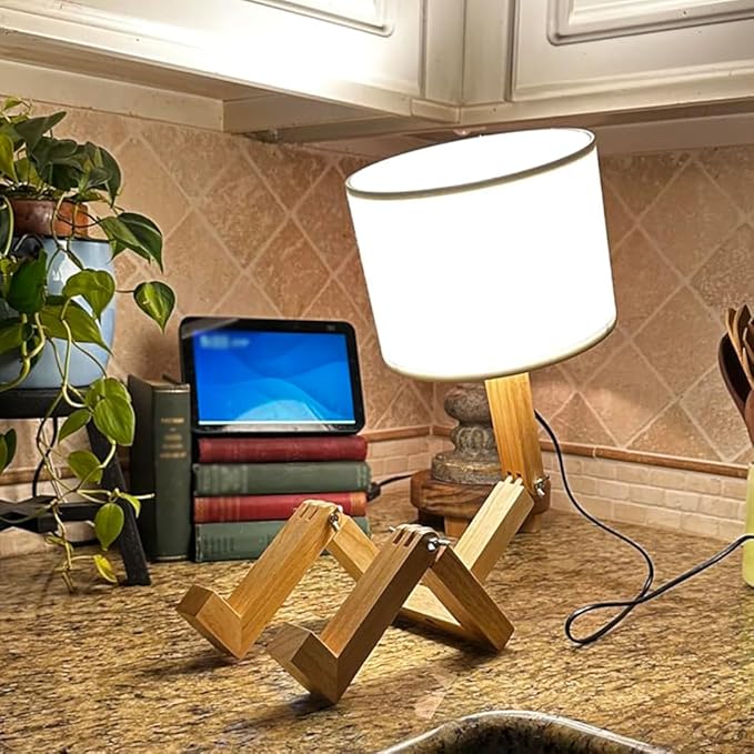 Cute Desk Lamp, Unique Table Lamp,Wooden Bedside Table Lamps Fun Quirky Robot Lamp Whimsical Cute Light for Home,Dorm Room,Kids Room,Office,Gift, Adjustable Shape