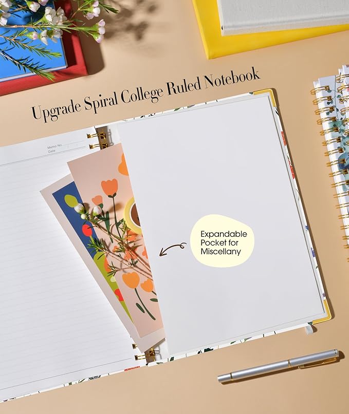 Cute Spiral Notebook Journal for Women, 200 Pages Lined Notebooks 8.5” x 11”, A4 Large Hardcover Spiral Journals with 100 GSM Thick Paper, College Ruled Notebook for Writing Work School, Wildflower Garden