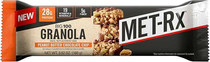 MET-Rx Big 100 Granola Protein Bar, Meal Replacement Bar, 32G Protein,Peanut Butter Chocolate Chip, Pack of 9