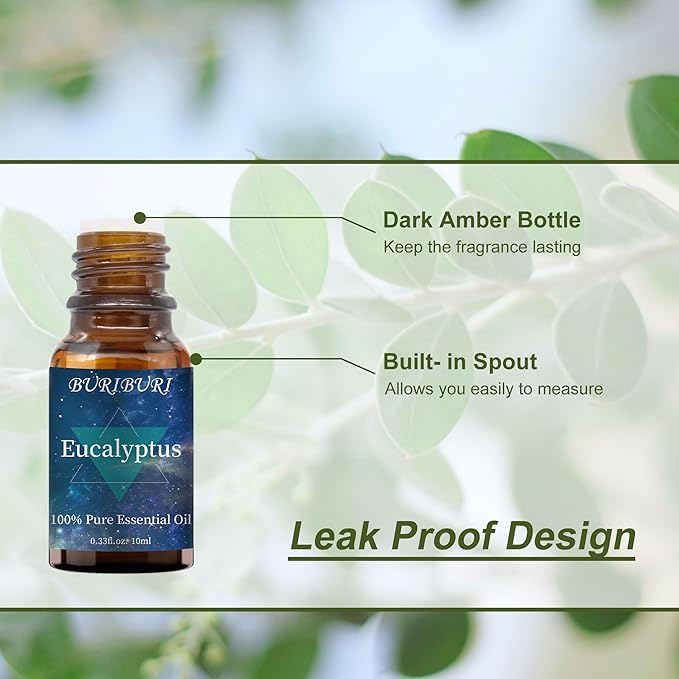 BURIBURI Eucalyptus Essential Oil for Diffuser, 100% Pure, Undiluted, Natural, Organic Aromatherapy Eucalyptua Fragrance Oils 10ML for Candle Making Soap Making