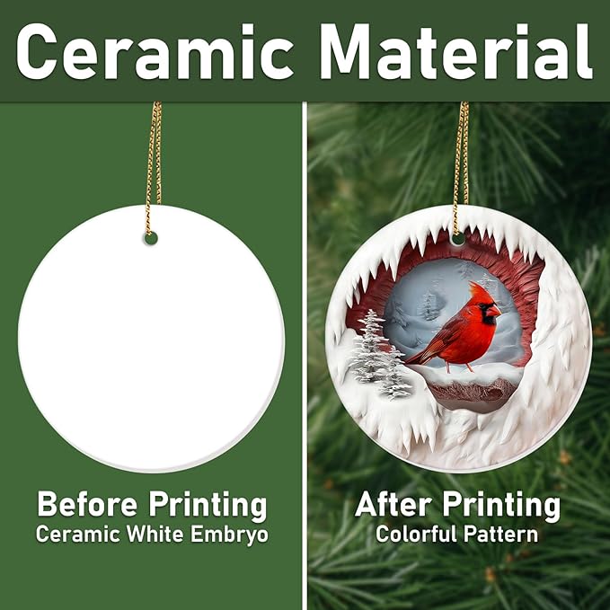 34HD Gifts for Christmas, Cardinal Ornament Ceramic 2-Side Printed, Bird Xmas Holiday Trees Decorations, Animal Memorial Gifts for Women Men Daughter
