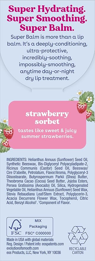 eos 24H Moisture Super Balm- Strawberry Sorbet, Lip Mask, Day or Night Lip Treatment, Made for Sensitive Skin, 0.35 fl oz