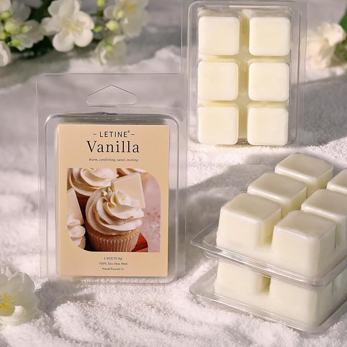 LETINE Wax Melts 10oz(4 Pack), Vanilla Scented Wax Melts, 100% Soy Wax Melts Wax Cubes with All- Natural Strong & Non Toxic Essential Oil for Warmer, Gifts Set for Home Fragrance/Spa/Seasonal Scents