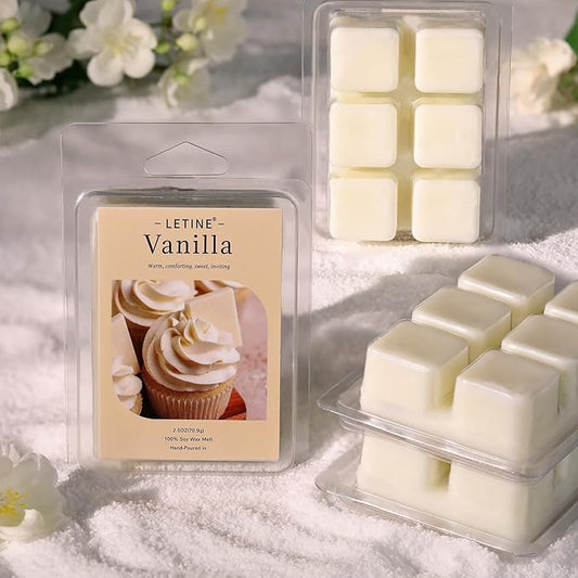LETINE Wax Melts 10oz(4 Pack), Vanilla Scented Wax Melts, 100% Soy Wax Melts Wax Cubes with All- Natural Strong & Non Toxic Essential Oil for Warmer, Gifts Set for Home Fragrance/Spa/Seasonal Scents