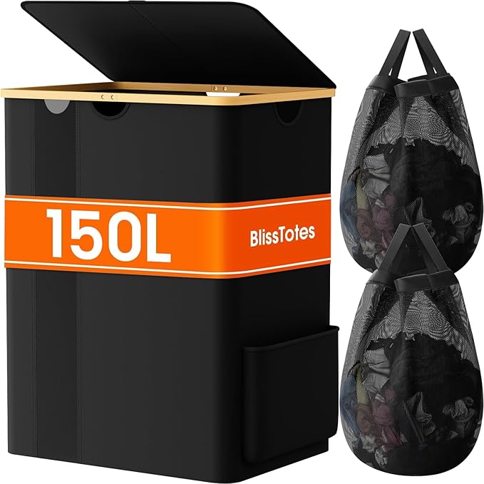 Laundry Basket Clothes Hamper with Lid and Side Pocket Large Collapsible Laundry Baskets with Handle, Freestanding Hampers for Bedroom Aesthetic, Dorm, Bathroom, Laundry Room (150L, Black)