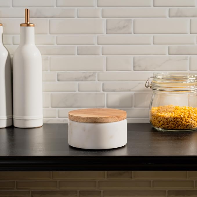 Cork & Mill White Marble Salt Cellar with Acacia Wood Lid and Spoon - Elegant Modern Handcrafted Container for Countertop - Keeps Spices Dry - Wide 4” Salt Pig with Non-Skid Feet