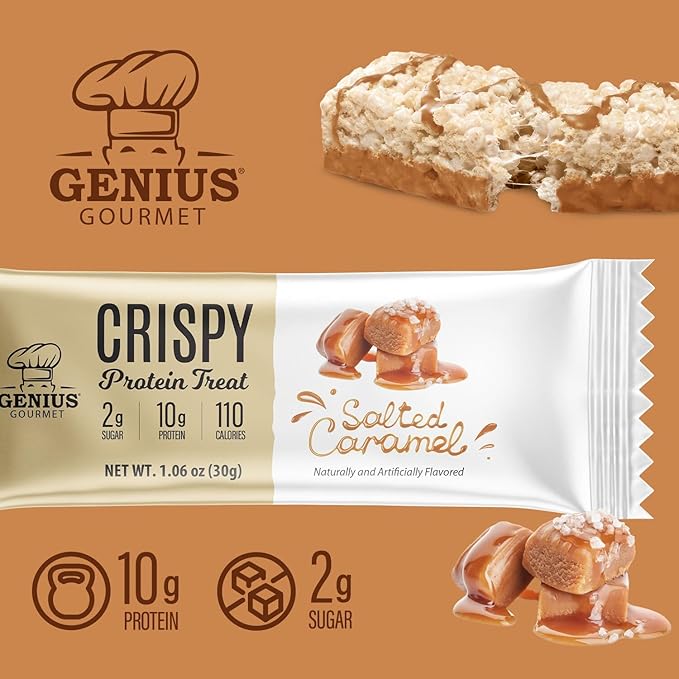 Genius Gourmet Crispy Protein Treat, Salted Caramel, Keto Snack, Low Carb, Low Sugar & Gluten Free, Protein Snacks for Adults, 10G of Whey Protein per Protein Bar, 5 Net Carbs, On The Go Snack, 10 CT