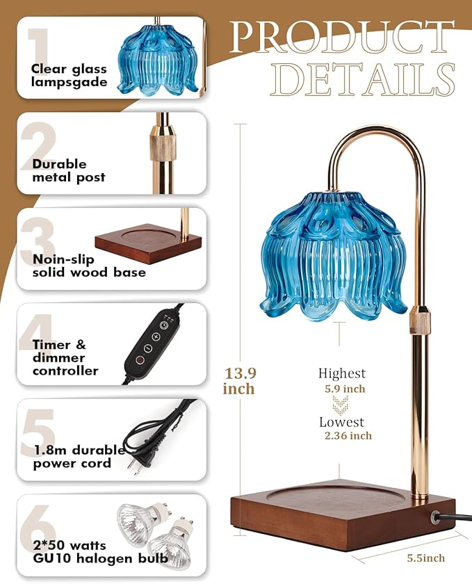 Candle Warmer Lamp with Timer Dimmable, Height Adjustable Birthday Gifts for Women Mom House Warming, Home Decor, Lotus Flower Candle Lamp Warmer 2 Bulbs Inc (Blue)