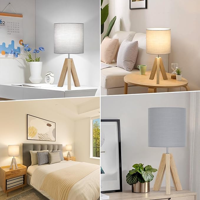 Brightever Small Bedside Table Lamp, Wooden Tripod Modern Table Lamp with Grey Linen Fabric Shade, Farmhouse Nightstand Lamp for Living Room, Bedroom, Home, Nursery, Office