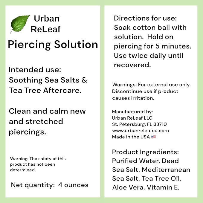 Urban ReLeaf Piercing Solution ! Soothing Sea Salts & Tea Tree AFTERCARE 4 oz, Ready to use. Safely Clean and Calm New & Stretched Piercings. Gentle Effective Natural & Proven. Works Fast