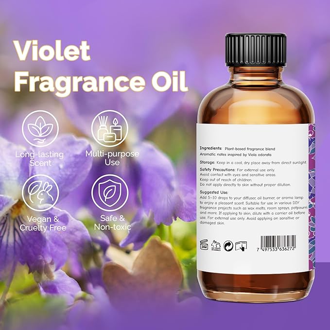 Violet Fragrance Oil 2 Oz, Natural Scent Oil for Home Essential Oils Diffuser, Candle Making, Soap Making, DIY Body Oils, Perfume, Body Mist, Spray - Floral Scent