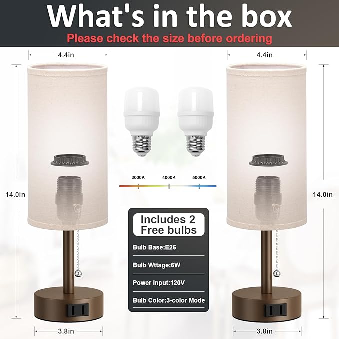 Fenmzee Brown Bedside Table Lamps Set of 2-3 Color Temperatures Pull Chain Lamp with AC Outlet Charging Port, Small Round Night Stand Lamps for Bedroom, Bed Side Light with E26 LED Bulbs