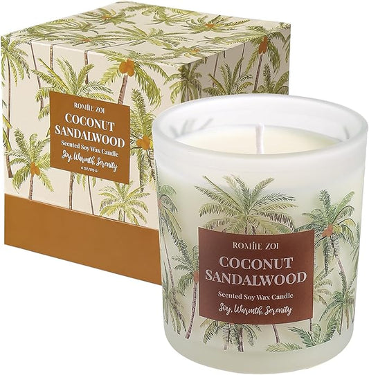 ROMIIE ZOI Coconut & Sandalwood Scented Candle - 6oz Soy Wax Candle for Home Scented, Stress Relief Candle Gifts for Women/Men