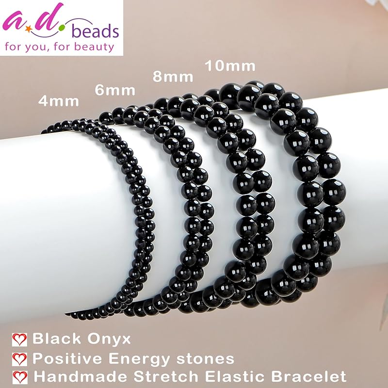 AD Beads Handmade Gemstone Stretch Elastic Bracelet Crystal Healing Reiki Nature's Beauty and Spiritual Essence Unisex (10mm, Black Onyx)