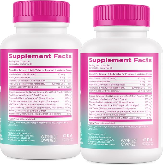 Pink Stork Postpartum Mood Support - Postnatal Hormone Balance for Women - Breastfeeding Friendly - Stress & Cognitive Support, New Mom Essentials - Ashwagandha, Chamomile, & Vitamin D, 120 Capsules