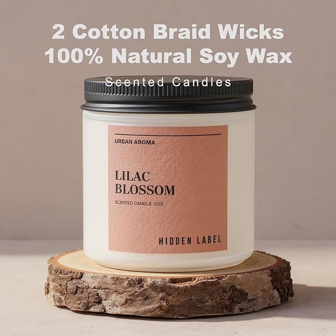 Hidden Label Lilac Blossom Scented Candle, 12oz Natural Soy Non Toxic, 70H Burn Time 2 Wick Aromatherapy Candle for Home Decor,Stress Relief & Relaxation,Gifts for Women & Men