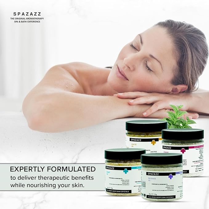 Spazazz Hot Tub Aromatherapy Full Body Hemp Soak Collection Sampler Pack - 4oz 1000 mg Hemp Spa Aromatherapy Hot Tub Bath Salt Crystals 4 Pack: Release 22, Reset 06, Unwind 17, Ignite 09