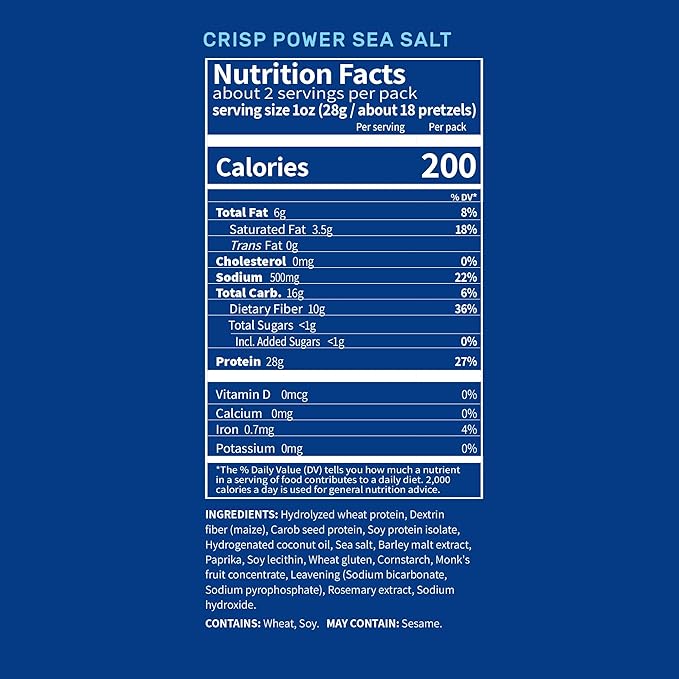 Crisp Power Protein Pretzels, Sea Salt, High Protein Vegan Keto Snack, 28 G Plant Based Protein, Low Carb Crunchy Pretzel Snacks, Sugar Free, No Seed Oils, 1.75 oz Bags, 24 Pack