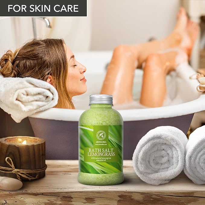 Bath Salts w/Natural Essential Lemongrass Oil 21.16 oz - Sea Salt Bath for Good Sleep - Bathing - Body Care - Wellness - Beauty - Relaxation - Aromatherapy - Spa - Bath Supplement