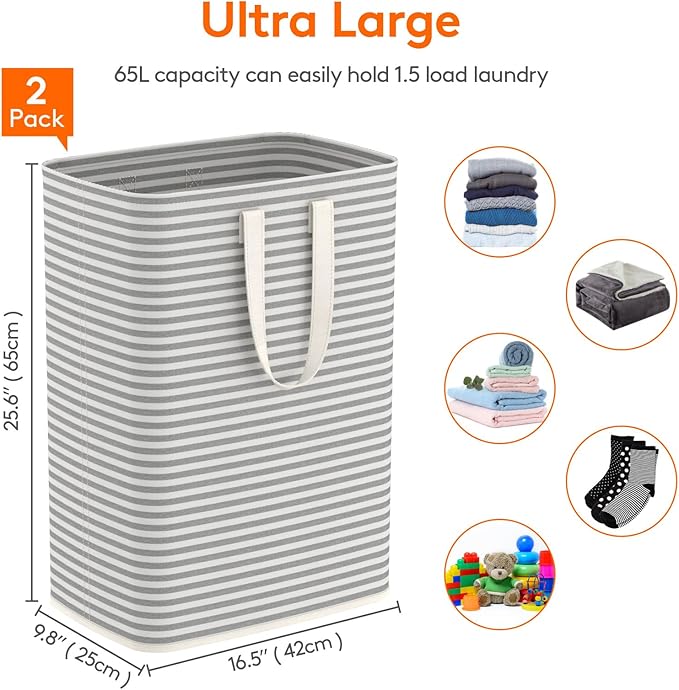 Lifewit Laundry Hamper Large Collapsible Laundry Baskets, Freestanding Waterproof Clothes Hamper with Easy Carry Handles in Laundry Room Bedroom Bathroom College Dorm for Adults, Gray, 2 x 65L