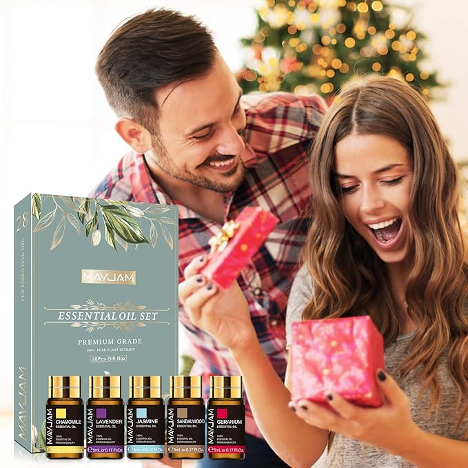 MAYJAM Top 28 Essential Oil Set for Diffuser Massage, 24x5ml Essential Oil Singles, 4x10ml Essential Oil Blends for Home Office Yoga