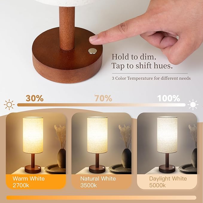 Cordless Table Lamp, 3 Color Dimming Portable Battery Lamp, Touch Control Wood Base Small Bedside Lamps for Night Stands, Living Room, Office(LED Bulb Included) (Cordless Wood Base)