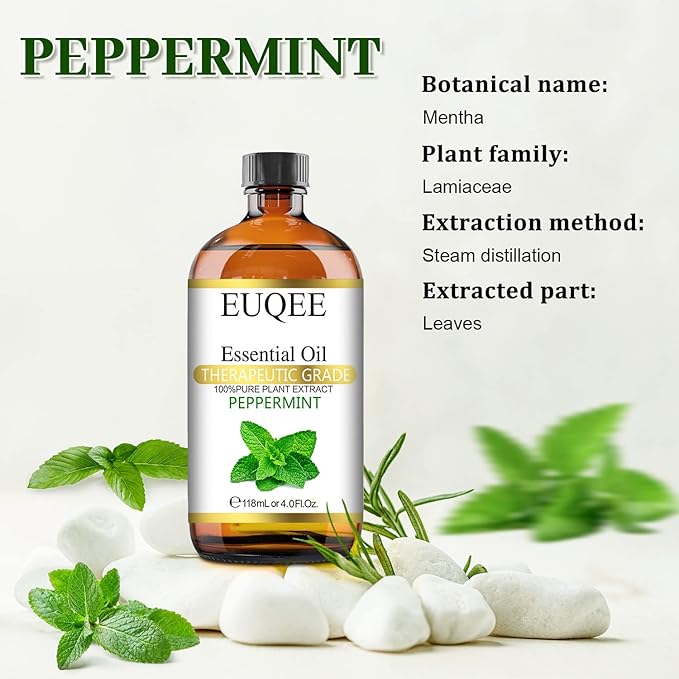 EUQEE Peppermint Essential Oil 118 ml Pure Peppermint Oil with Glass Dropper, Great for Aromatherapy, Diffuser, Soap Candle Making - 4Fl. Oz