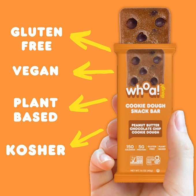 Whoa Dough Edible Cookie Dough Bars- Certified Non-GMO, Kosher and Gluten Free Bars - Healthy Snack Foods - Plant Based Snacks - Peanut Butter Chocolate Chip Cookie Dough - 4 Pack