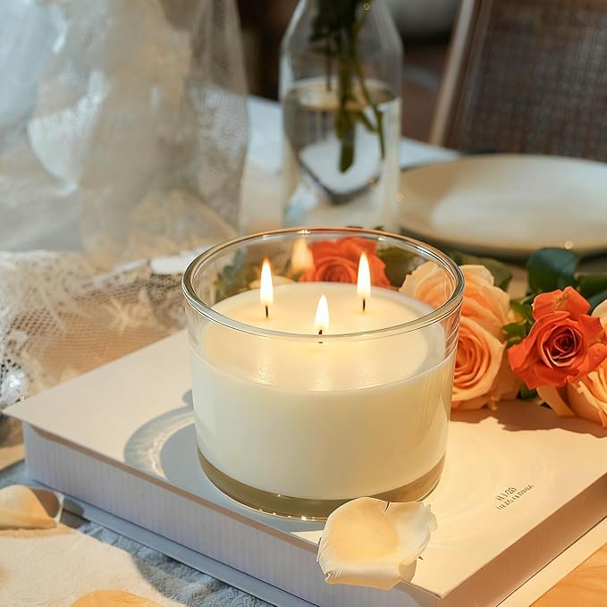 16oz Glass Candle Jars, 6-Pack 3 Wick Candle Jars for Making Candles, Empty Thick Glass Wide-Mouth Jars with Bamboo Lids & Wick Kits, Candle Containers Bulk - Clear