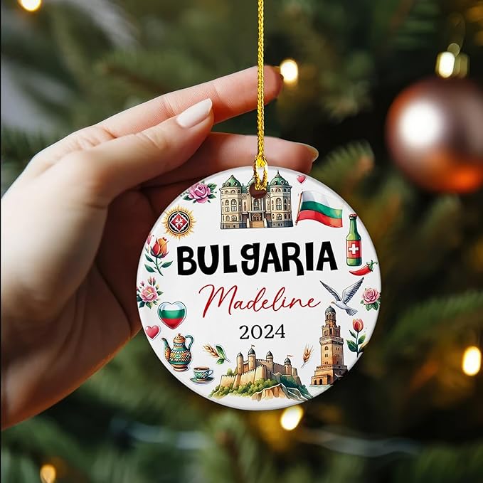 Bulgaria Landmark Ceramic Ornament, Personalized Bulgaria Christmas 2024 Souvenir, Custom Name Vacation Trip Ornament