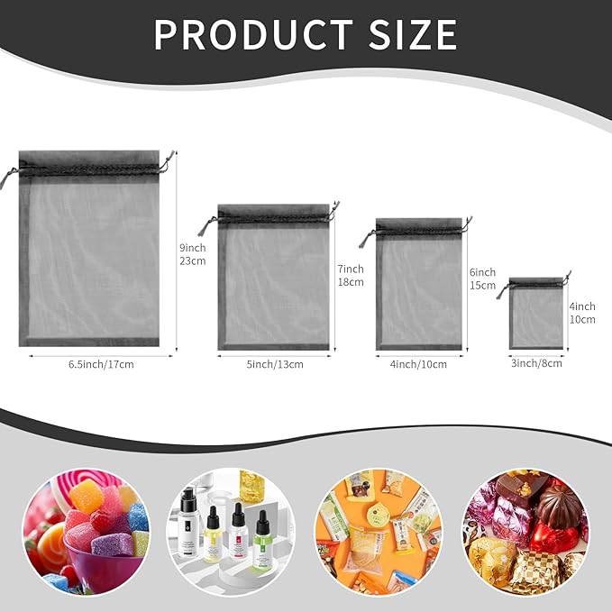 50 Pcs Organza Bags 5x7 Inch, Small Mesh Bags Drawstring Gift Pouches for Jewelry Candy Party Favor (Black)