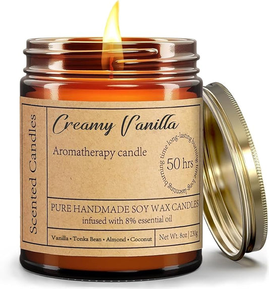 Creamy Vanilla Candles for Home Scented - 8oz Aromatherapy Candles for Women Mom Relaxation Anxiety Stress Relief, Calming Candles Gifts for Birthday Christmas Soy Wax Candle 50 Hour Burn Time