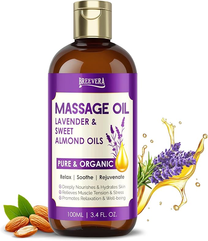 Massage Oil with Lavender & Sweet Almond Oils – Relieves Muscle Tension, Hydrates Skin, Promotes Relaxation & Well-Being, 100ml | 3.4 fl. oz.