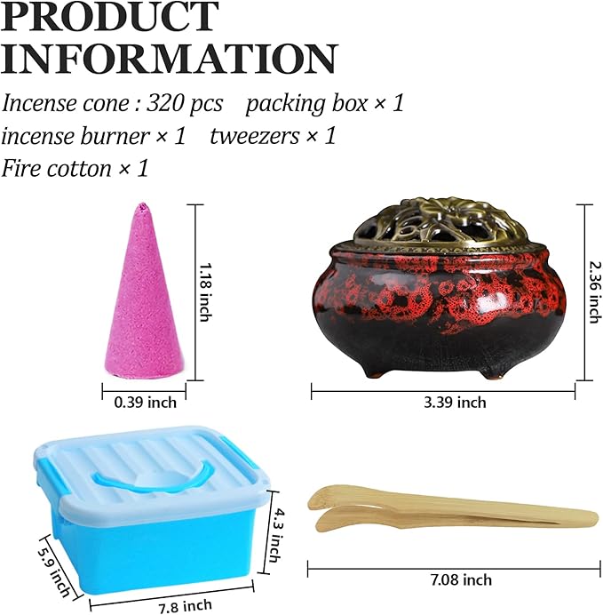 Incense Cones， 8 Mixed (320 Cones Total) Cone Incense Scents, and A Ceramic Incense Burner. Natural Scent Cone， for Meditation, Yoga, Purification, and Aromatherapy.