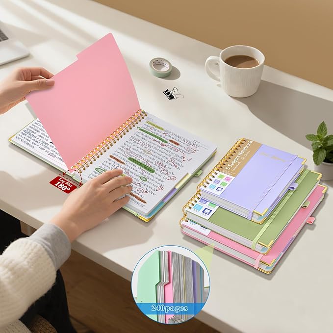 Hardcover Spiral Notebooks for Work, 5 Subject Notebook College Ruled with Dividers Tabs, 8.5" x 11" Lined Notebook Journal for Women, A4 Large Notebooks for School Note Taking, 240 Pages Black