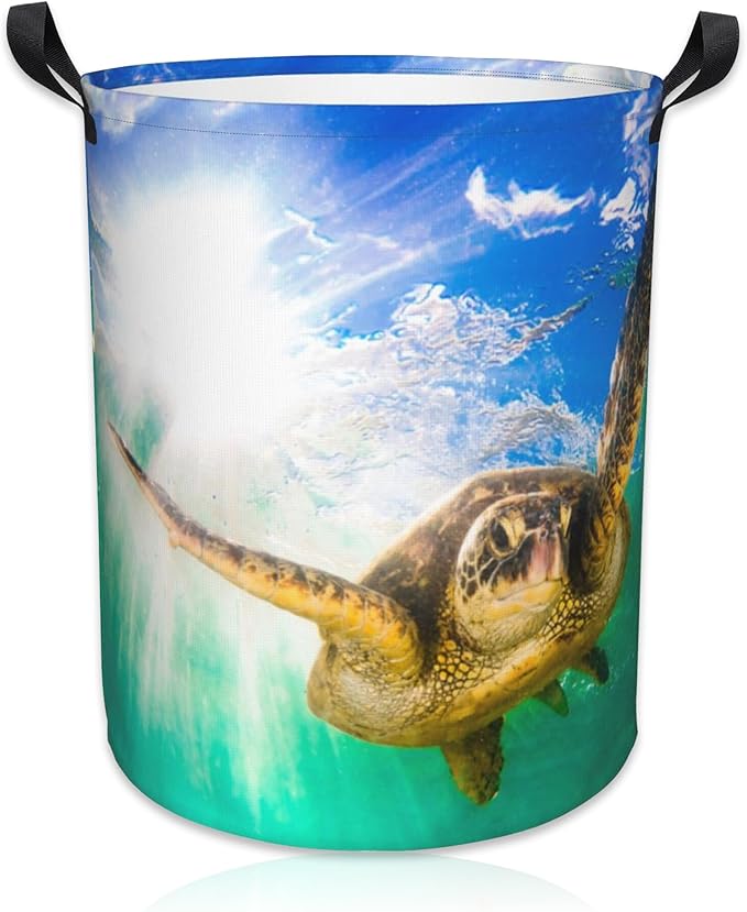 Hawaiian Green Sea Turtle Laundry Basket Foldable Laundry Hamper Waterproof Oxford Cloth Large Laundry Basket Clothes Storage Bucket Toy Organizer For Bathroom,Laundry,College 17.3 x16.5 Inch