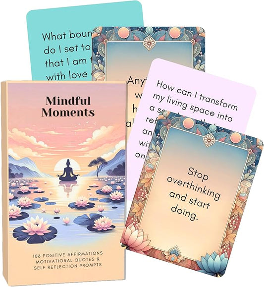 Mindful Moments Daily Affirmation Cards for Women, 106 Positive Inspirational Messages & Self Reflection Journal Prompts, Meditation Cards with Display Stand, Gifts for Her