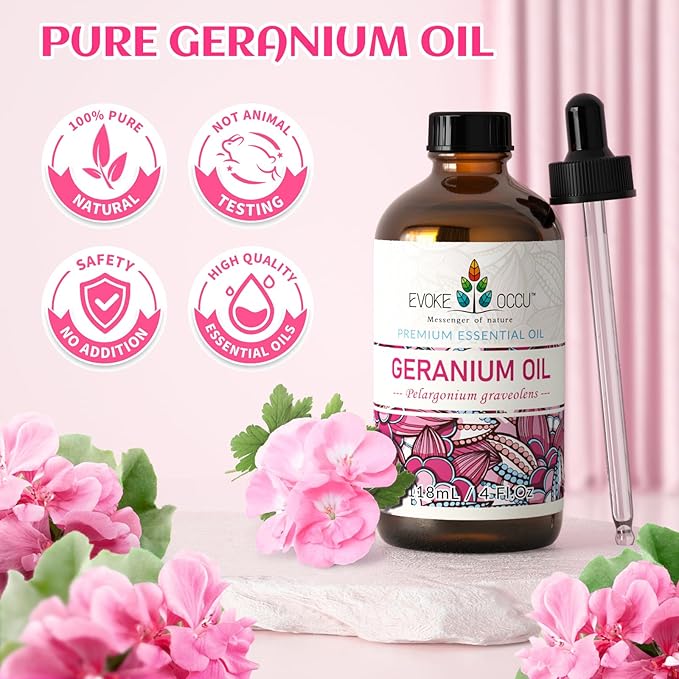 EVOKE OCCU Pure & Natural Geranium Essential Oil for Skin, Hair, Diffuser, Aromatherapy - 4 Fl Oz