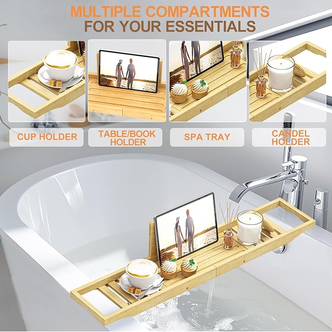 Bathtub Tray Caddy - Bath Tray - Bath Tub Table Tray Caddy - Bamboo Bath Tray for Tub