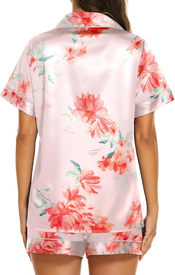 Ekouaer Silk Pajamas for Women Short Sleeve Sleepwear Soft Button Down Loungewear 2 Piece Satin Pjs Shorts Set S-XXL