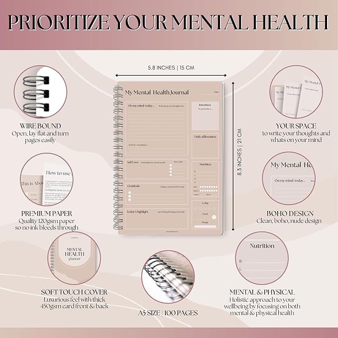 Mental Health Journal Planner | Daily Gratitude, Self Care, Intentions, Affirmations and Nutrition (Lux, A5 Ring Bound)