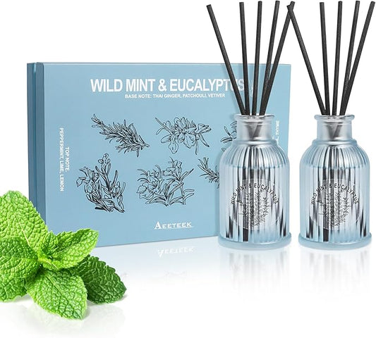 Wild Mint & Eucalyptus Reed Diffuser Set, 2-Pack Aroma Essential Oils, Basil and Ginger Scented Oil Home Fragrance with 10pcs Sticks, Aromatherapy Air Freshener for Room Shelf Bathroom Decor