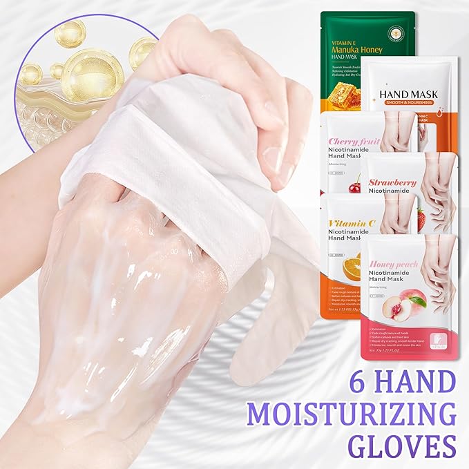 Hand Mask Moisturizing Gloves 6 Pack,Hydrating Hand Mask for Women,Soft Gloves for Dry Cracked Skin A